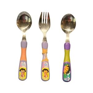 Vintage 2007 Dora the Explorer Toddler Utensil Set Stainless Steel Spoons Fork